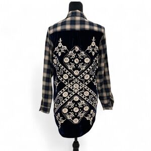 Soft Surroundings Blue Flannel Plaid Velvet Embroidery Long Sleeve Shirt‎ Boho S